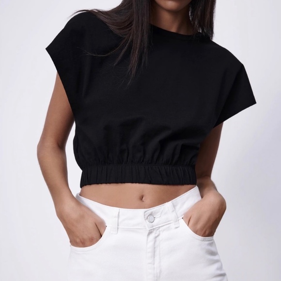 Zara Black Dolman Sleeve Elastic Waist Crop Top Size Large - Picture 2 of 8